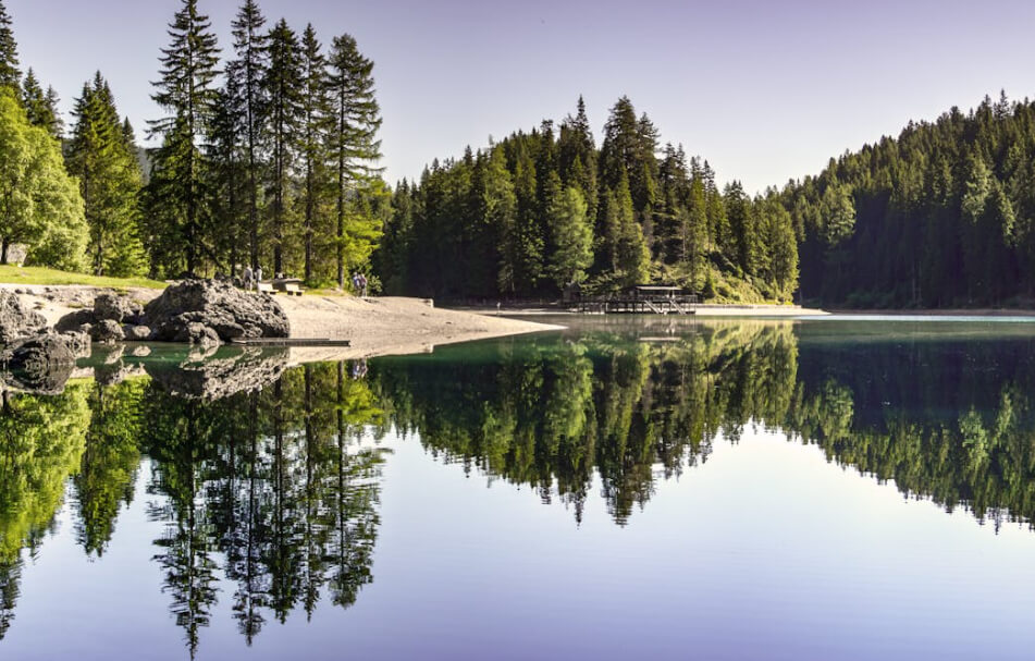 Clear lake reflecting lush green forest and blue sky