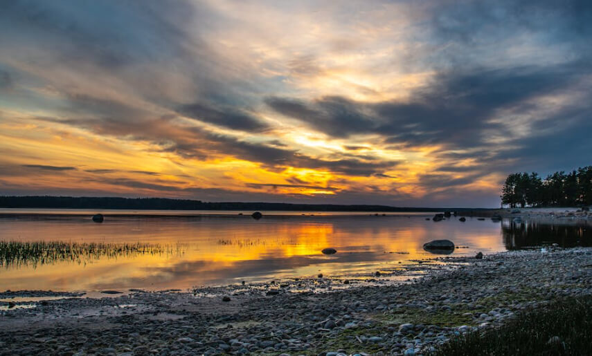 Sunset over Clear Lake with reflections on the water