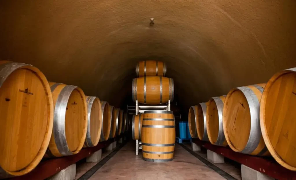Rows of oak wine barrels in a dimly lit wine cellar