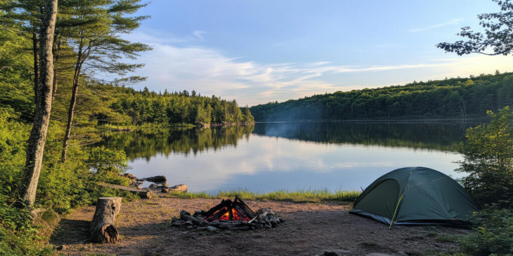 Camp by a lake and forest