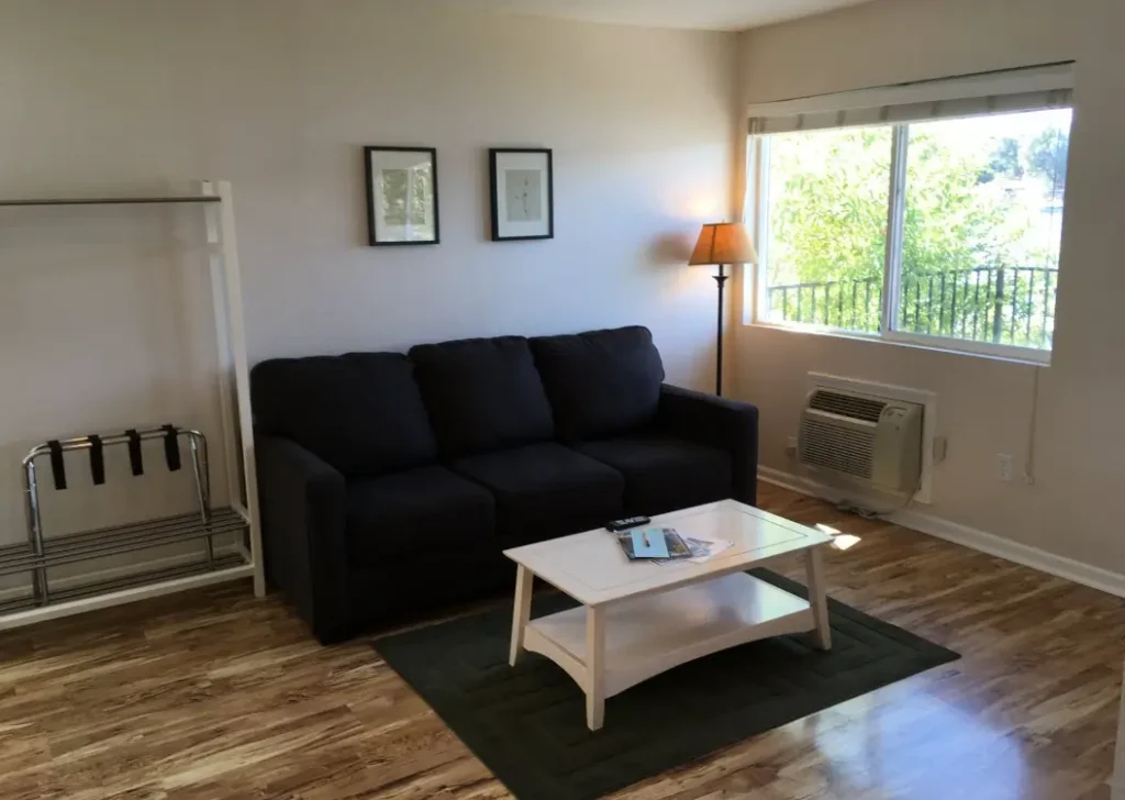 Living room with black couch, white coffee table, and window view of greenery