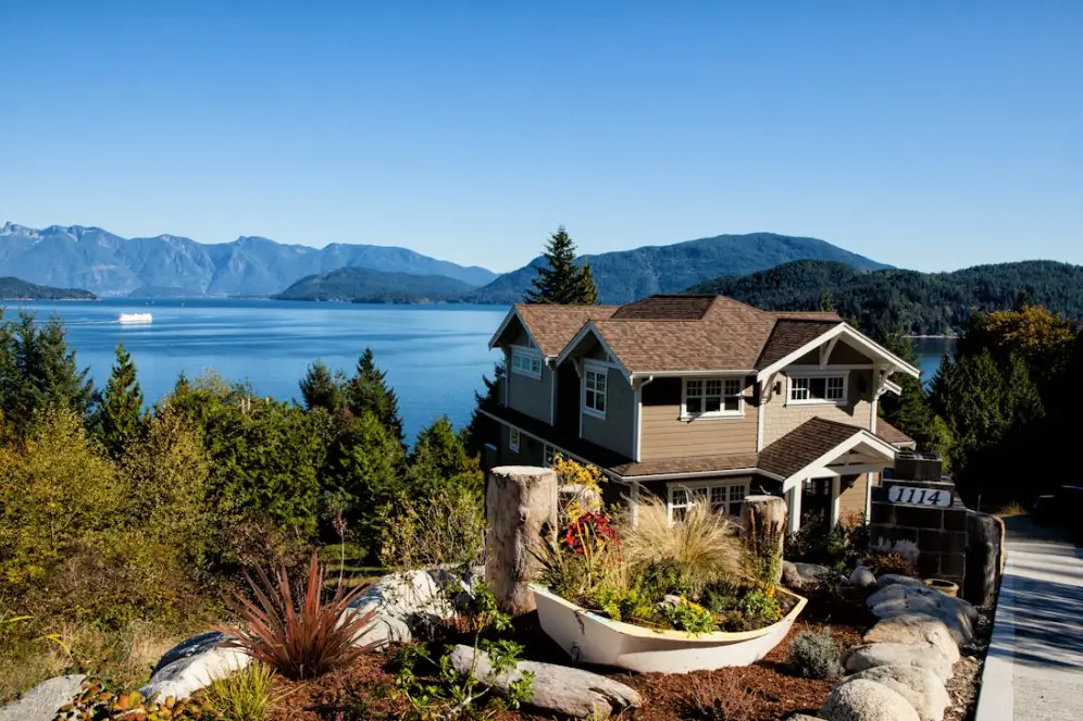 House overlooking a lake with mountain background