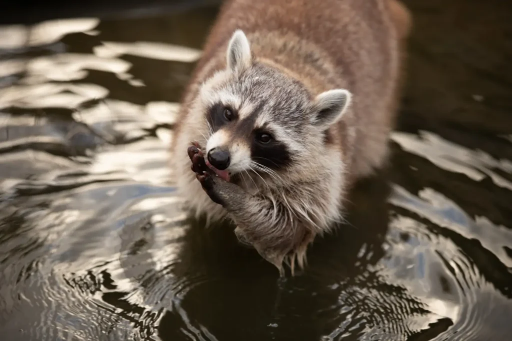 Raccoon cleaning its paws in shallow water